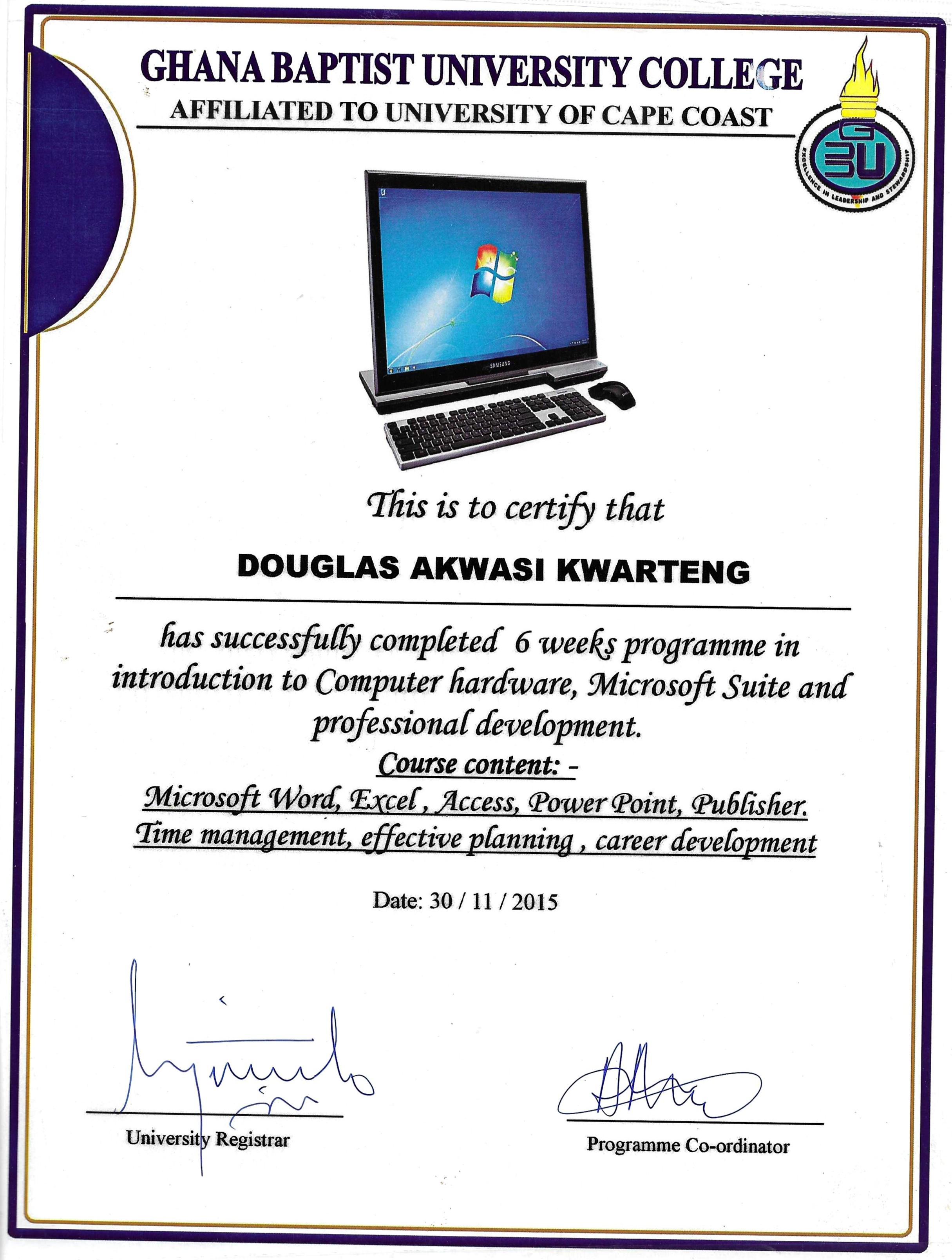 Certificate: Computer Hardware, Microsoft Suite & Professional Development