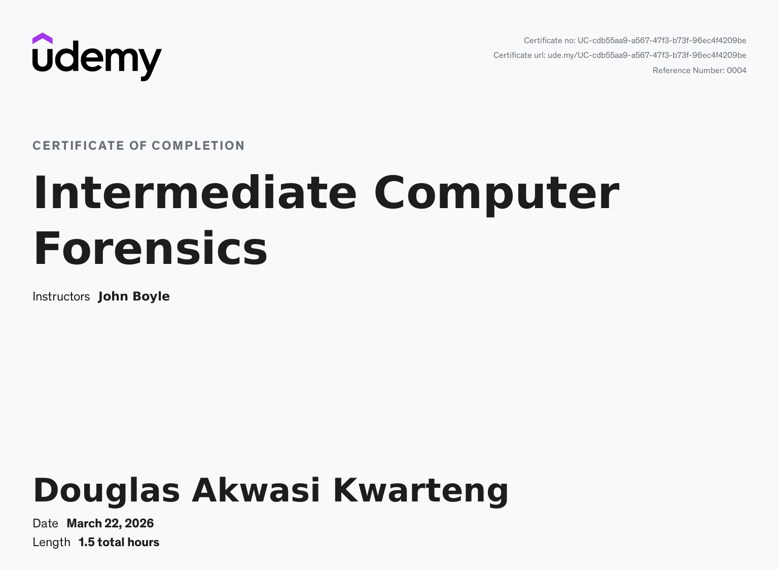 Certificate: Intermediate Computer Forensics