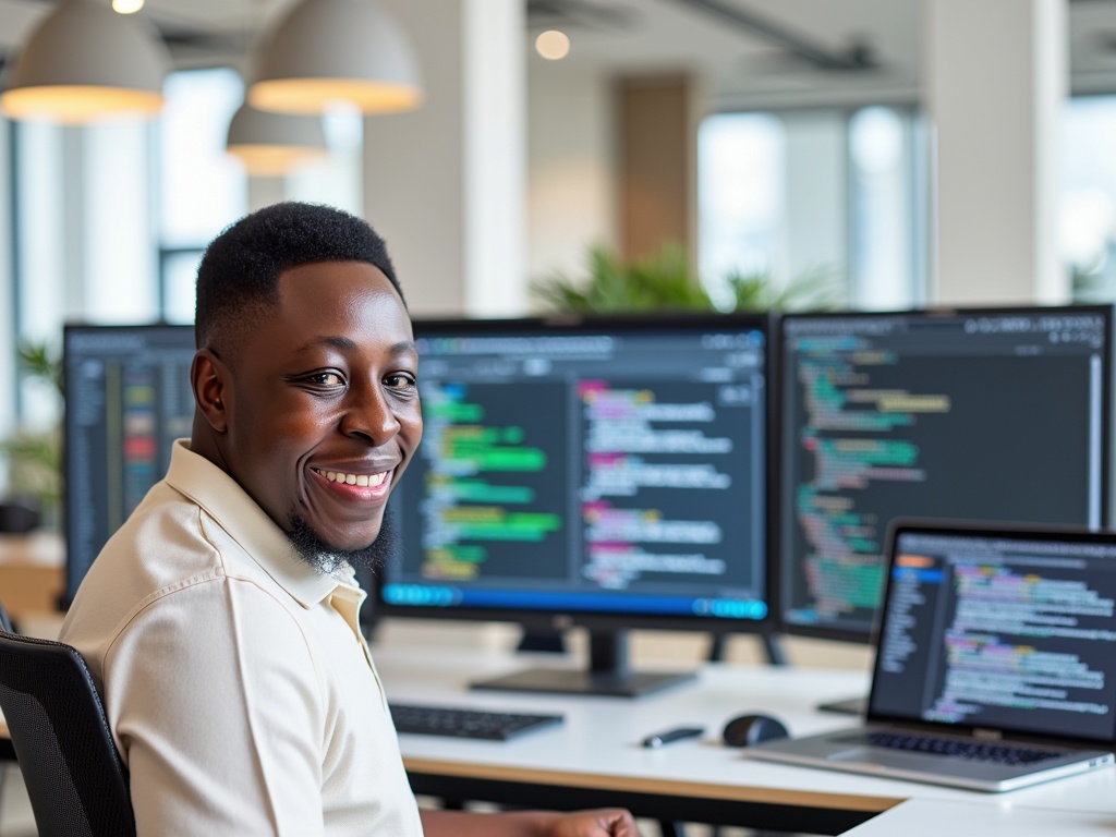 Douglas Kwarteng working at desk with dual monitors